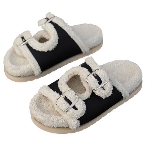 Plush Slippers Thick Sole Open Toe for Women Metal Buckle Fuzzy Slippers Fashion Cozy Fluffy Indoor Home Slipper