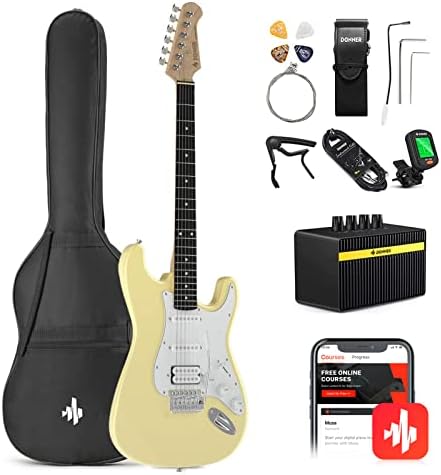 Donner DST-100W 39 Inch Electric Guitar Beginner Kit Solid Body Full Size Yellow HSS Pick Up for Starter, with Amplifier, Bag, Digital Tuner, Capo, Strap, String,Cable, Picks