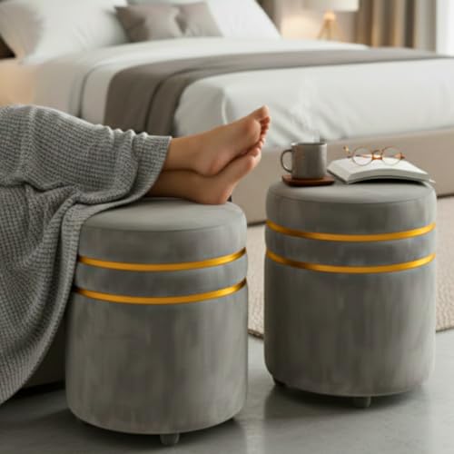 Image of Decorative Ottoman Pouffes for Sitting - Two-Piece Set of Puffy Stools and Footstools - Round Ottoman Stool for Living Room Furniture (Grey)