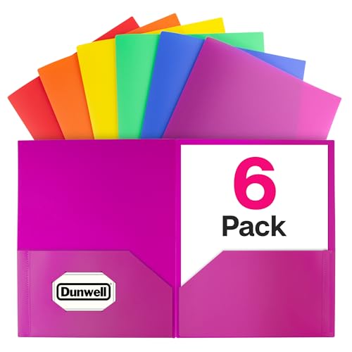 Dunwell Plastic 2-Pocket Folders (6 Pack, Assorted Colors), 8.5x11 Document Folders for School and Office, Heavy Duty Poly, Long Lasting, Includes Labels