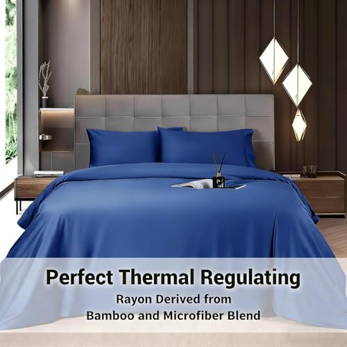 Image of Shilucheng 4 Piece Full Sheet Sets, Cooling Sheets, Blend Rayon Derived from Bamboo, Deep Pocket Up to 16 inch, Breathable & Soft Bed Sheets, Hotel Silky Bedding Set, Navy Blue