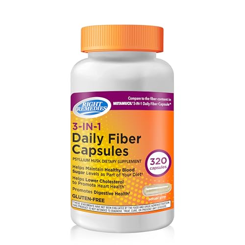 RIGHT REMEDIES 3-in-1 Daily Fiber Capsules Psyllium Husk 500mg Dietary Plant Based Supplement 320 Capsules Total