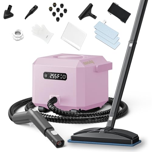 awasky Steam Cleaner: 1650W, Fast 50-Sec Heat-Up-21-Piece Kit Refill Anytime-No Cooling-Detachable Hose Steamer Mop for Home Use Car Bed Furniture Bathroom Tile Grout Floor Cleaning And More Pink