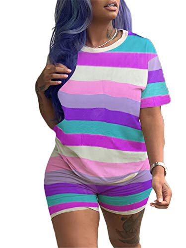 Cute Summer Outfits 2 Piece Outfits for Women Short Sleeve Crop Top Rainbow Stripe Tshirt Shorts Pants Sets Plus Size Sportwear Romper Purple
