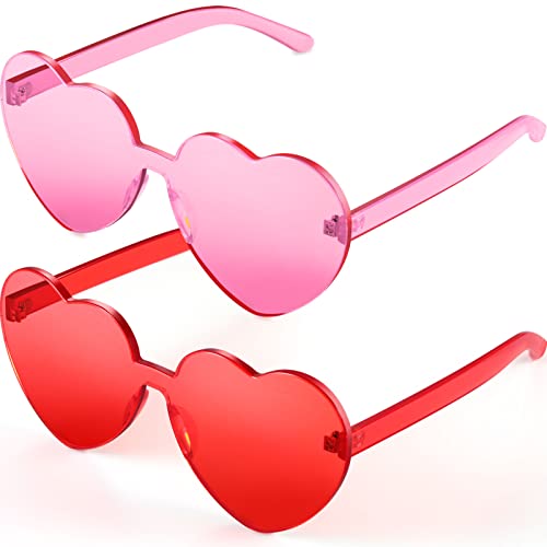 2 Pieces Heart Shape Rimless Sunglasses Transparent Candy Color Frameless Glasses Love Eyewear (Pink, Red)