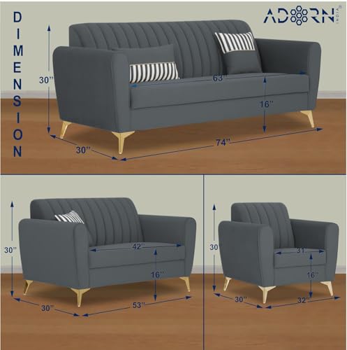 Image of Adorn India Premium Luster 3-2-1 Sofa Set | Velvet Suede Fabric | 3-Year Warranty | Color Dark Grey with Golden Legs & Striped Pattern Cushion