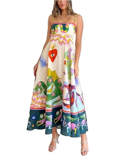 Beaufident Women Spaghetti Strap Maxi Dress Colorful A Line Swing Long Smocked Picnic Dress Boho Beach Vacation Sundress