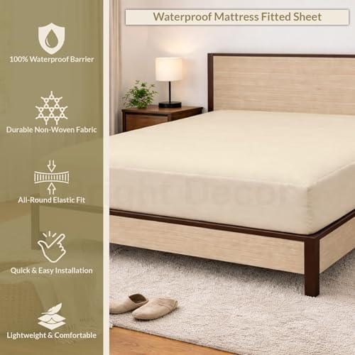 Image of 100% Waterproof Mattress Protector Double Size Bed 48x72 Inch, Non Woven Fabric Fitted Mattress Cover with Elastic, Waterproof Bed Protector, Hypoallergenic, 10 Inch Deep Pocket - Ivory