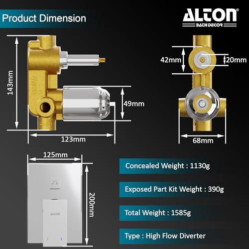 Image of ALTON EDGE, Brass, Concealed Body High Flow Diverter With Exposed Part Kit | Bathroom Shower System | Bathroom Mixer | Chrome Finish