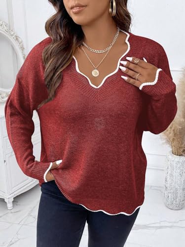 Image of MakeMeChic Women's Plus Size Scalloped Trim Cozy Sweater Cute Pullover | V Neck, Long Sleeve, Oversized, Comfy, Light, Fall Sweaters