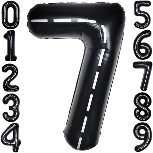Image of Race Car 40 Inch Black 7 Big Large Helium Balloon Number 0-9 | Track Giant Digital 7th Foil Mylar Party Balloons for Men Birthday Car Theme Party Anniversary Graduation Decorations