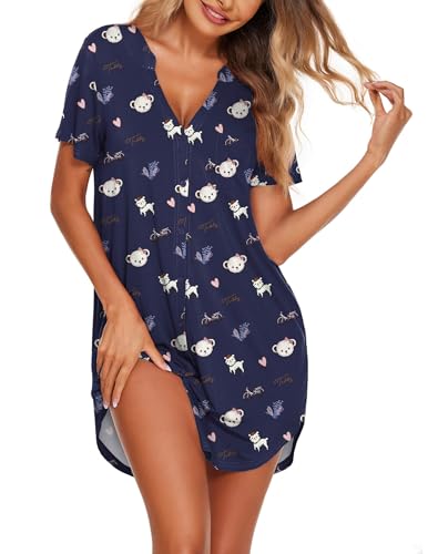 Image of Ekouaer Women V Neck Button Down Nightgown