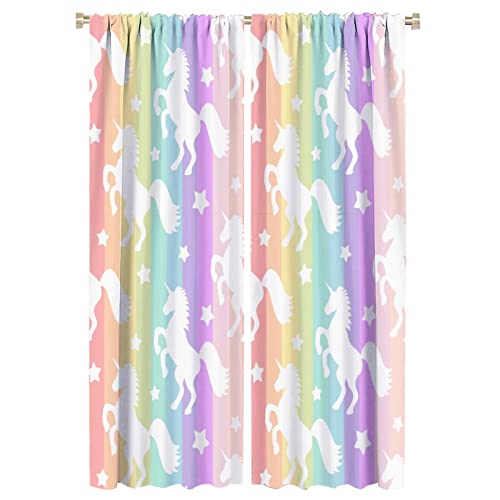 Rainbow Curtains for Living Room, Colorful Rainbow Unicorns & Stars Stripes Decor Window Treatments Kids Baby Girls Bedroom Curtain,Fantasy Style Home Decor Blackout Drapes 2 Panel Set W42xL63in