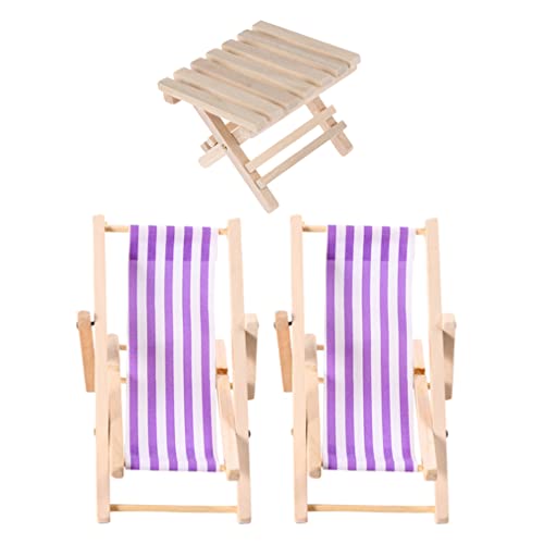 STOBOK Beach Accessories 3 Pcs Miniature Beach Chair Foldable Wooden Beach Chair Mini Lounge Chair Model Stripe Sunbath Chair and Desk Set Adorn for Kids Adults (Purple) Tiny Home