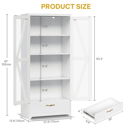 DWVO Display Cabinet with LED Lights, 61" Metal Display Case with Glass Barn Doors for Collectibles, Organizer Cabinet with 3 Adjustable Shelves and Drawer for Living Bedroom, Office, White