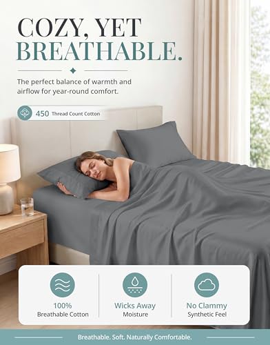 Image of LANE LINEN King Size Bed Sheets Set - 450 Thread Count Sateen Weave for Smooth & Silky Feel On Skin - Breathable 100% Cotton Sheets for Single Beds - Fits Mattresses Upto 15'' Deep - Charcoal