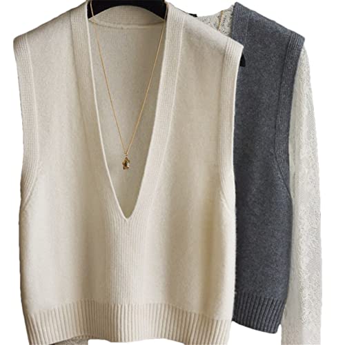 100% Cashmere V-Neck Sweater Vest Ladies Sleeveless Pullover Sweater Solid Color Knitted Vest (Gray S)2