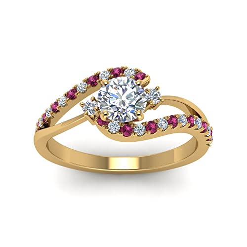Image of Choose Your Gemstone Swirl 3 Stone Diamond CZ Engagement Ring Yellow Gold Plated Round Shape Side Stone Engagement Rings for Women, Girls and Ladies US Size 4 to 12