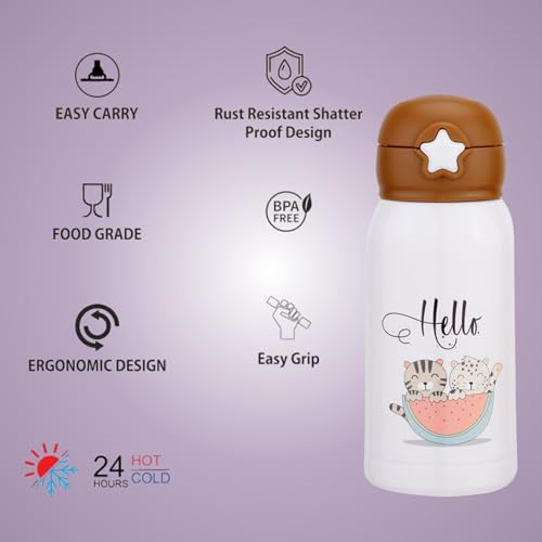 Image of Clay Craft Vacbott Vaccum Bottle, Kids Double Walled 18 Hours Hot and 24 Hours Cold Water Bottle, 550ml (Hello) Steel Water Bottles for School, Office, Home, Gym, Leakproof, Rust Free Steel Bottle