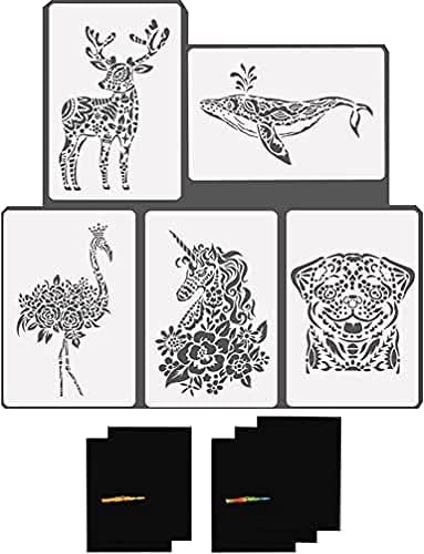 Amazon 描画テンプレート ステンシルシート 動物 5枚 スクラッチペーパー付き 手帳用 描画ツール 絵図 スクラッチアート ユニコーン ライオン ユニコーンシリーズ テンプレート 通販