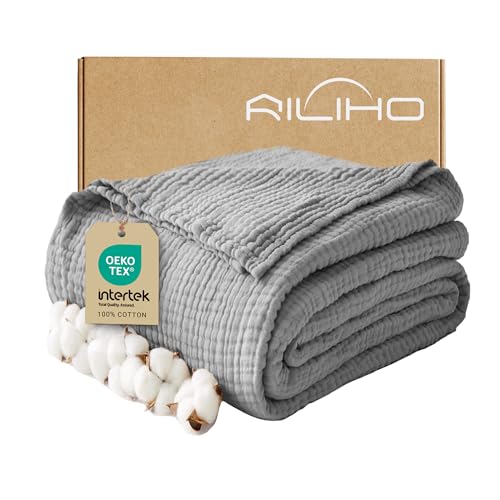 RILIHO Cooling Muslin Throw Blanket for Hot Sleepers, 80% Cotton, 20% Rayon Derived from Bamboo, 6-Layer Breathable Gauze Blanket for Bed Couch, 50