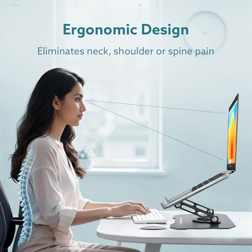 Image of AGARO Metal Laptop Stand, 360 Rotating, Ergonomic, Height & Angle Adjustmentable, Foldable Laptop Holder with Heat Vents & Anti-slip SiliconePads, Compatible to Macbook,HP,Lenevo, & Laptops up to 18 inch