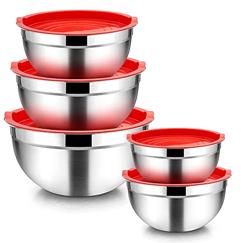 Homikit Rührschüssel 5er Set, Edelstahl Schüssel Salatschüssel Set mit Deckel für Küche, Stapelbar, Vielseitigkeit, Spülmaschinenfest, 4.5 L / 2.7 L / 1.5 L / 1.2 L / 0.7 L, Rot