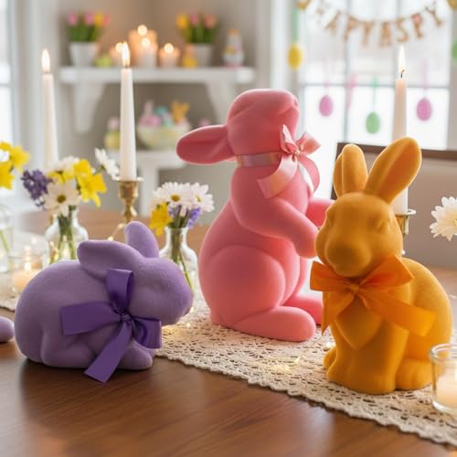 Lanpn Lot de 3 Lapins de Pâques Floqués Multi-Positions avec Nœud Papillon, Figurines Décoratives pour Table, Étagère et Maison, Décoration de Printemps...