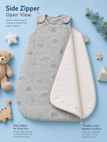 Image of TuddyBuddy Baby Cotton Wearable Quilted Sleeping Bag Blanket 1.5 Tog with 1 Way Zipper Closure | Ideal for Babies & Kids Hypoallergenic Fabrics | (Dino AOP - Grey, 18-24 Months)