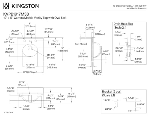 Kingston Brass KVPB1917M38 Fredrickson 19-Inch Carrara Marble Vanity Sink Top (8" Faucet Drillings) in Carrara White by Fauceture - Image 3