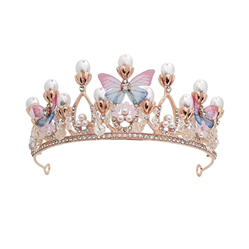 Princess Crown for Girls, Butterfly Tiaras for Girls, Birthday Crystal Crown Performance Wedding Model Catwalk Handmade Pearl Crystal Tiara Princess Crown for Girls, Butterfly Tiaras for Girls, Birthday Crystal Crown Performance Wedding Model Catwalk Handmade Pearl Crystal Tiara