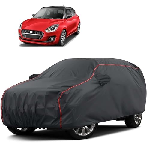 Image of Sulfar 100% Water Resistant Car Body Cover Compatible with Mirror for Maruti Suzuki New Swift (Triple Stitched, Full Bottom Elastic, Dark Grey Taffeta with Red Piping)