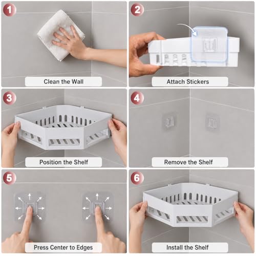 Image of No Drill Bathroom Corner Shelf Organizer | Wall Mounted Plastic Corner Rack for Bathroom & Kitchen | 2-Tier Shelves with 4 Hooks & 2 Soap Dishes | Rustproof, Heavy Duty Storage | White (Set of 2)