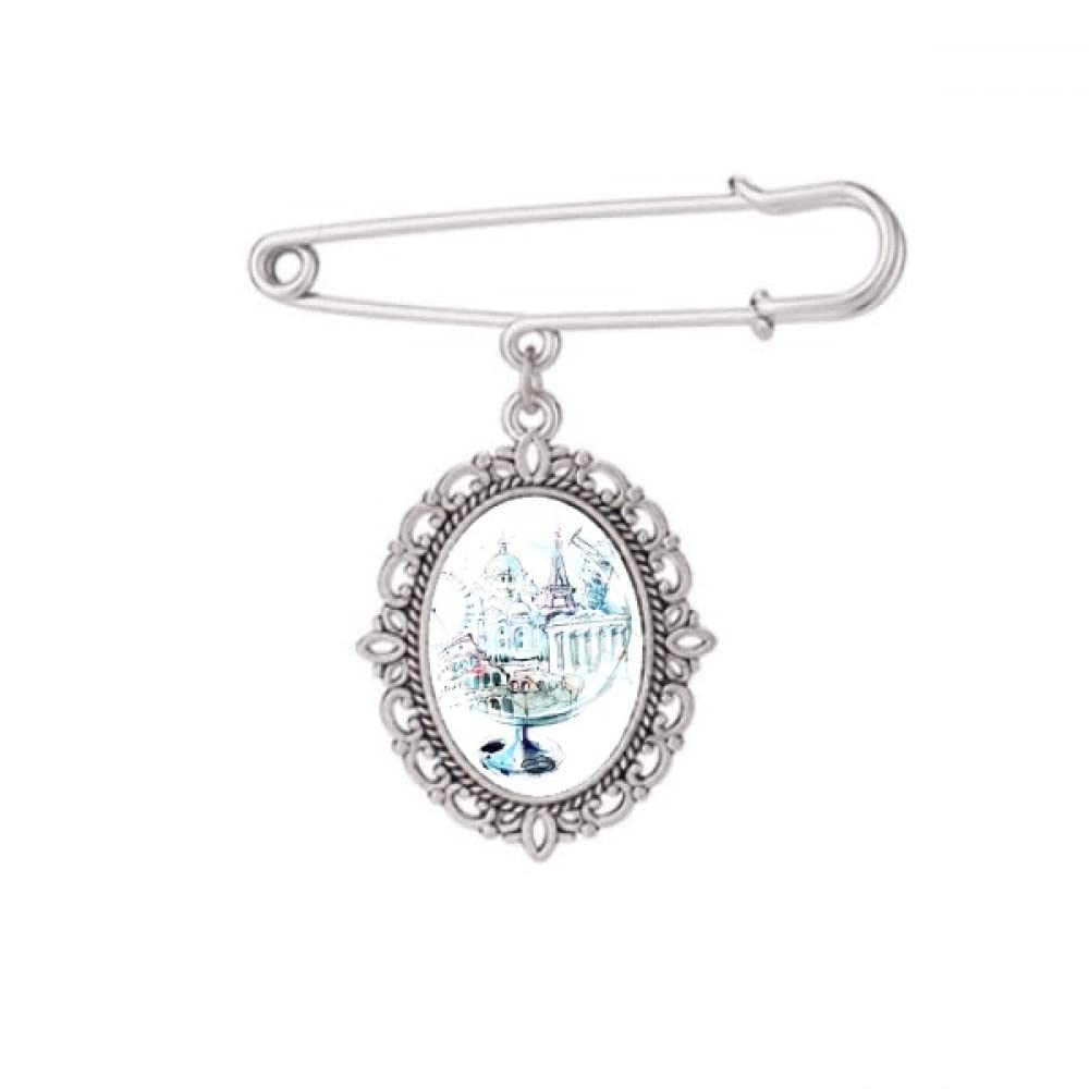 Broche globe aquarelle design Tour Eiffel et monuments pour robe M - 5