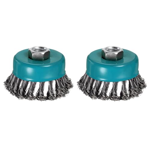 Image of 2 Pcs Twisted Knotted Wire Cup Brush for Angle Grinder - [3 Inch] for Paint Stripping Cleaning Rust Duty Abrasive, 5 /8 Inch-11 Threaded Arbor, .020 Carbon Steel Wire, Cyan