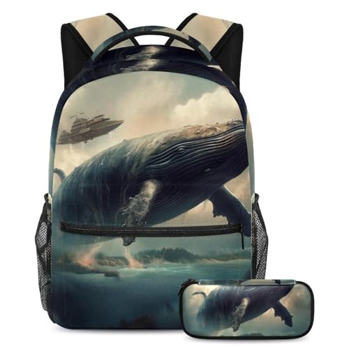 Sac à dos baleine de l'océan antique vintage avec sa trousse assortie