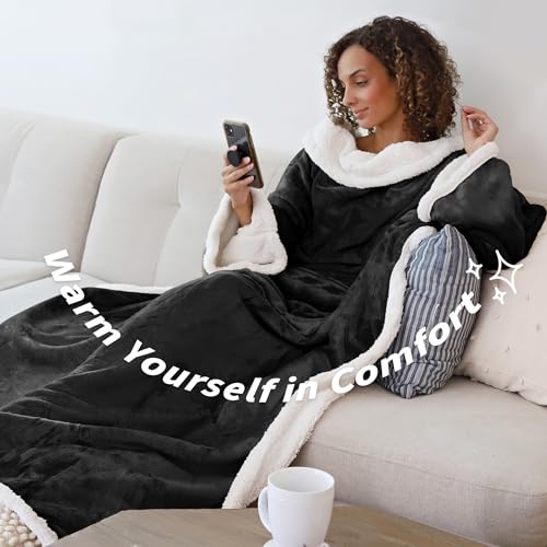 Image of Catalonia Sherpa Wearable Blanket with Sleeves and Pocket for Adults