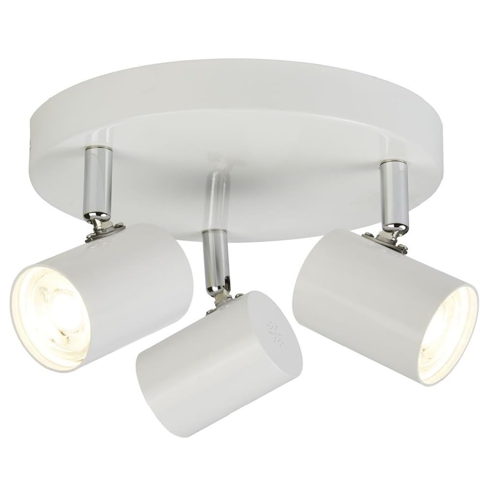 Britalia LED White Metal Modern 3 Lamp Cylindrical Heads Round Plate Ceiling Spot Light | 26cm Diameter | 1050 Lumen 3000k Warm White | Adjustable Chrome Necks | Retro Industrial Vibe