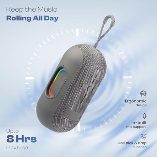 Image of LAPCARE Ozzie 10W Bluetooth Speaker with RGB Lights, TWS Stereo Sound, Dual Bass Radiators, Bluetooth 5.3, 8H Playtime, Portable Wireless Speaker with AUX & USB Support, Made in India - Grey