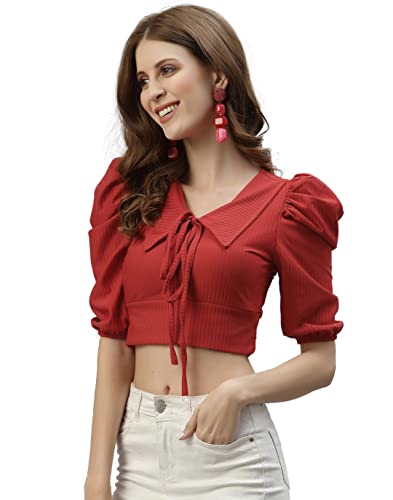 Image of Mehrang Women's Solid Ribbed Crop Tank Top Ribbed Tops for Women V-Neck 3 /4th Balloon Sleeves