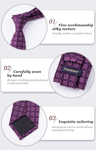 Image of HISDERN Ties for Men Formal Business Plaid Checked Mens Ties and Pocket Square Set Classic Wedding Necktie Handkerchief