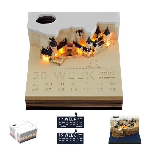 WDKXCN 3D Kalender 2026, Kalender Abreißen 2026, 3D Notizblock mit Licht und Stifthalter, DIY HARRY Kalenders mit Glasklarem Anzeigebox, 9 x 9 x 5 CM Kreative Magic Papierskulptur Castle Haftnotizen