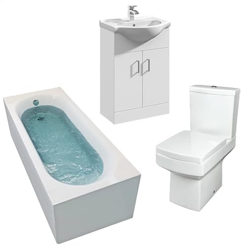 Affine White Bathroom Suite 1700Mm Straight Bath Close Coupled Toilet Basin Sink Vanity Unit