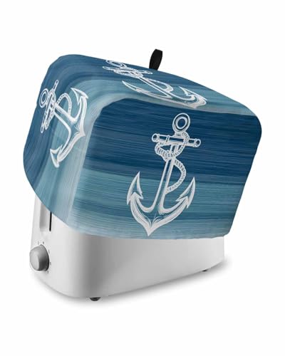 Nautical White Anchor Toaster Cover 4 Slice, Blue Gradient Ocean Abstract Dustproof Bread Machine Oven Cover with Storage Pockets, Fits Most Kitchen Toasters Protector
