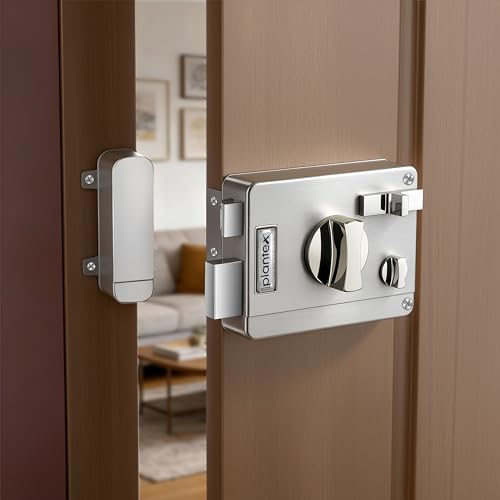 Image of Plantex Heavy Duty Night Latch Door Lock with Key & Knob for Main Door /Twinbolt Lock for Home,Hotel,Office /Deadbolt Lock with 5-Years Warranty (Satin White & Chrome)