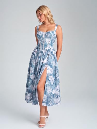 Image of KUTUMAI Floral Corset Midi Dress Flowy Slit Summer Spring Wedding Guest Dresses for Women Sundress with Pockets
