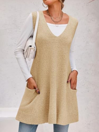 Sweater Vest for Women Casual Loose V Neck Sleeveless, Loose Knit Casual A Line Flattering Tunic Top with Pockets3