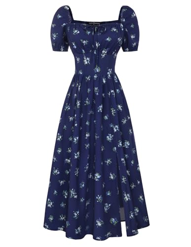 Image of Scarlet Darkness Summer Spring Split Floral Corset Midi Dress with Pockets | Floral dress with elastic sleeves, tie square neck, smocked back, 3 boned waist, left zip, side pockets, front thigh slit