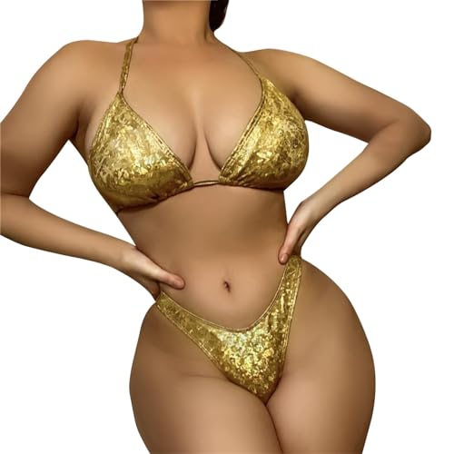 Generisch Bikini escaso corte americano proceso de bronceado después de atar un bikini sexy de dos piezas de un solo color Bikini Pequeño Nuevo, dorado, M