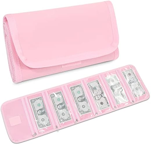 Money Wallet, Money Organizer for Cash with 6 Zippered Pocket Multipack Money Pouch, Cash Bill Organizer, Envelope Wallet Money Bag Small Travel Money Holder for Budgeting, Receipt and Tips (Pink)